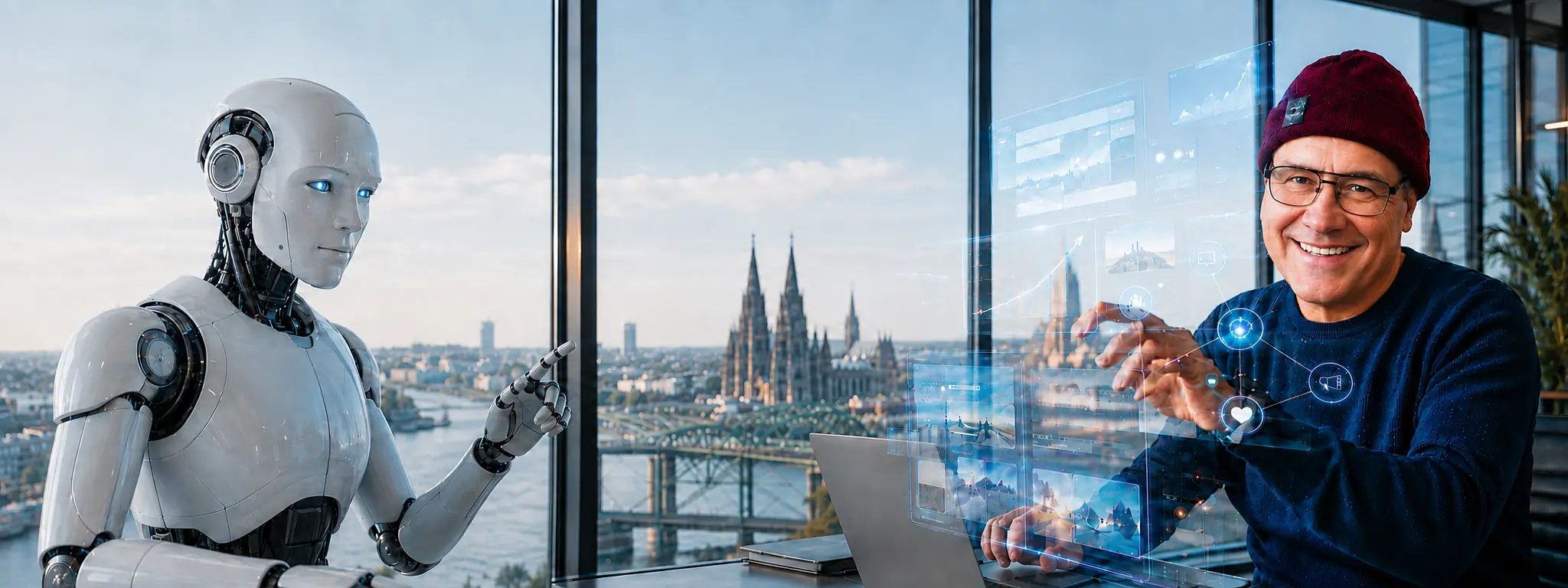 TMG24 DIGITAL – Mensch und KI-Roboter vor dem Kölner Dom